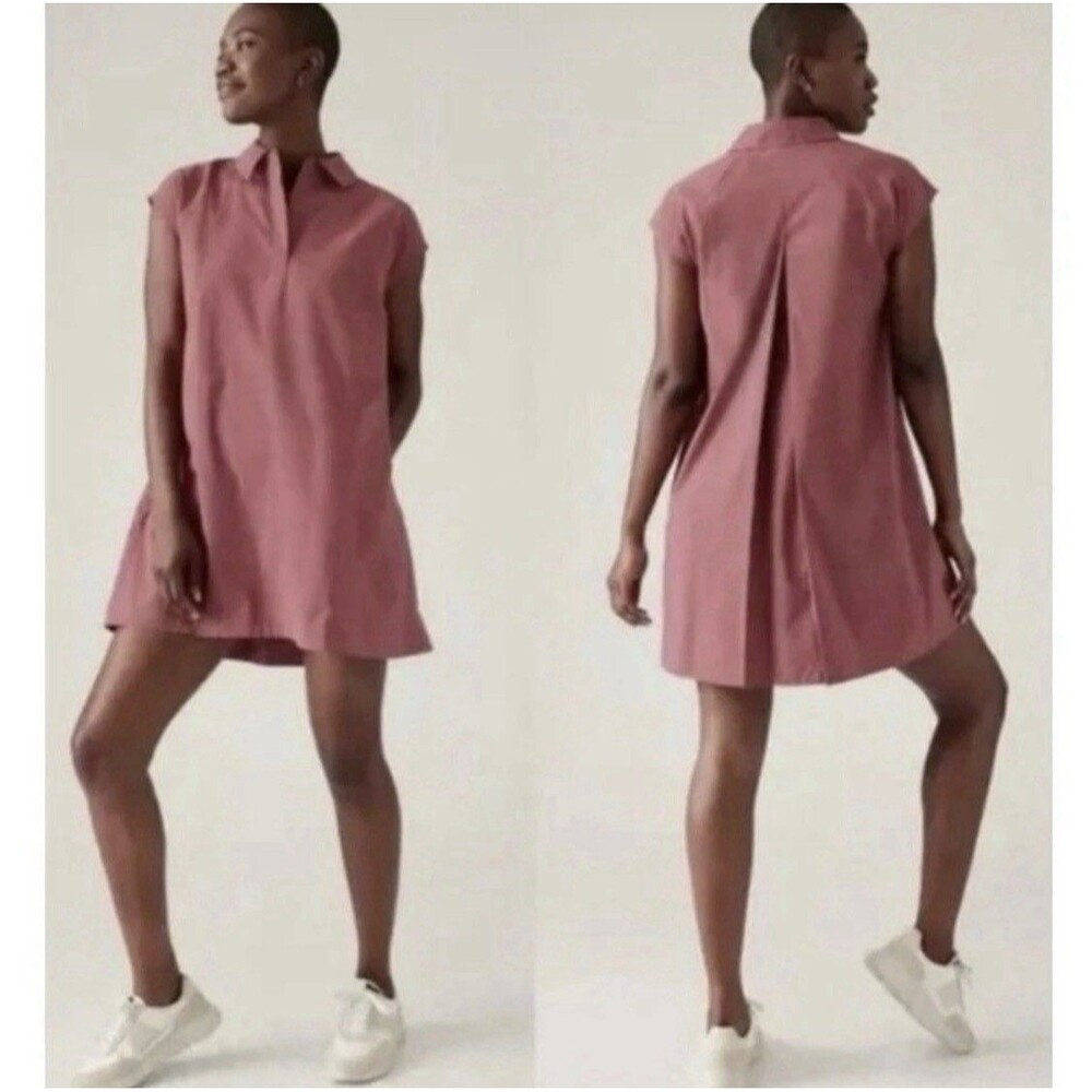 Athleta Size M Performance Poplin Dress Rosewood Pockets V Neck Athleisure